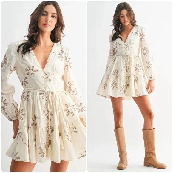 Camellia Embroidered 3D Floral Cottage Mini Dress Women Medium Cream Puff Sleeve - Picture 1 of 16